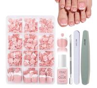DMQ Short False Toenails Kit with Glue, 240Pcs Nude Pink French Fake Toe Nails, Acrylic Press on Toe Nails with White French Tips, 12 Sizes Full Cover Stick on Toesail for Women Girls Manicure Art