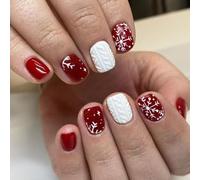 DMQ Square Christmas False Nails Short, 24Pcs French Press on Nails, Red White Glitter Christmas Fake Nails with Snowflake, Acrylic Stick on Nails with Nail Glue for Women Girls Nails Art DIY