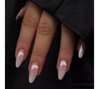 DMQ Stiletto False Nails with Glue, 24Pcs Ombre Press on Nails, Pink White Gradient Fake Nails, Pearly Glitter Ombre Nail Tips, Full Cover Stick on Nail for Women Girls Nails Art