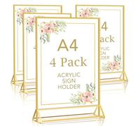 DMSELL 4 Pack A4 Acrylic Sign Holder with Gold Border, A4 Display Stand for Table Menu, Gold Menu Holders for Wedding, Restaurant Signs(Double Sided)