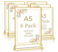 DMSELL 6 Pack A5 Acrylic Sign Holder with Gold Border, A5 Display Stand for Table Menu, Gold Menu Holders for Wedding, Restaurant Signs(Double Sided)
