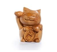 DMtse Hand Carved Natural Wood Lucky Fortune Cat Statue Religious Buddhist Sitting Buddha Sculpture Figurine