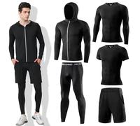 DMVOD Mens 5Pcs Quick Dry Compression Sets Tops Accessories Clothes Equipment for Workout Gym Athletic Running Sport Include Compression T-shirt Long/Short, Shorts, Leggings Tights, Hooded Black-M