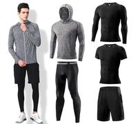 DMVOD Mens 5Pcs Quick Dry Compression Sets Tops Accessories Clothes Equipment for Workout Gym Athletic Running Sport Include Compression T-shirt Long/Short, Shorts, Leggings Tights, Hooded Grey-2XL