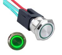 DMWD 22mm Heavy Duty Latching Metal Push Button Switch Waterproof Anti-Vandal Large Current 15Amp 110V ON-Off 2NO 4 Pins with Pre-Wired Socket for 7/8" Mounting Hole with Halo Ring Green LED