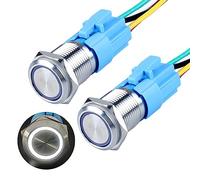 DMWD 2Pcs 16mm Latching Push Button Switch 12V 24V DC LED Indicator Waterproof Anti-Vandal Stainless Steel case 5/8" Mounting Hole 1NO1NC ON-Off with Pre-Wired Socket (Halo Ring White Light)