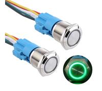 DMWD 2pcs 19mm Metal Latching Push Button Switch Silver Shell with Pigtail for 3/4" Mounting Hole, 12V-24V ON Off 5Pins 1NO 1NC Halo Ring Green LED