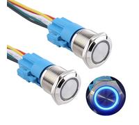 DMWD 2pcs 19mm Metal Waterproof Latching Push Button Switch Silver Shell with Harness for 3/4" Mounting Hole, 12V-24V ON Off 1NO 1NC Halo Ring Blue LED