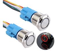 DMWD 2Pcs 19MM Waterproof Latching Push Button Switch 12V-24V Ring Led 1NO 1NC Self-Locking On/Off Metal Round with Wire Socket Plug (Halo Ring Red Led)