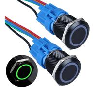 DMWD 2PCS 22MM Latching Push Button Switch Ring Led 12V-24V Self Locking 1NO 1NC Waterproof ON/Off Black Metal Button with Wire Socket Plug for 7/8’’ Mounting Hole (IP66,Green Light)
