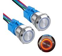 DMWD 2pcs 22mm Metal Waterproof Anti-Vandal Latching Push Button Switch Silver Shell with Pigtail for 7/8" Mounting Hole, 12V-24V ON Off 5Pins 1NO 1NC Halo Ring LED Light Red