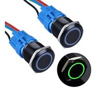 DMWD 2pcs 22MM Momentary Push Button Switch 12V-24V 1NO 1NC (ON)-Off Black Metal Shell Button Waterproof IP66 Self Reset with Wire Socket Plug for 7/8" Mounting Hole (Green led Light)