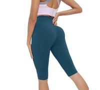 Dmwhsy High Waisted Capri Knee Length Yoga Leggings for Women,Tummy Control Workout Running Trousers with Butt Lift for Ladies,Womens Soft Opaque Pants for Sport Gym Jogging Peacock Blue