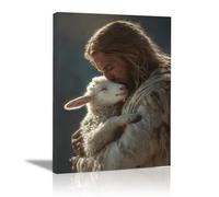 DMZPKZB Christ God Canvas Painting Jesus and the Lamb Picture, Jesus Christ Wall Art,Religious Decor For Church Office Living Room Inspiration(white)-80x120cm Framed