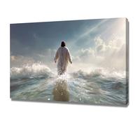 DMZPKZB Christ Religions Painting Wall Decor Jesus and the Waves God Print Picture and Poster for Living Room, Bedroom, Office,Church classroom(white)-80x120cm Framed