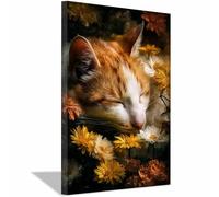 DMZPKZB Funny Animals Canvas Wall Art The Cats and the Flowers Art Print Poster, For living room,bedroom,kitchen,corridor, office, bathroom, hotel, cafe(yellow155)-50x70cm Framed