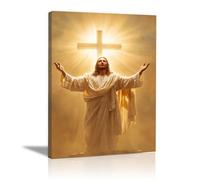 DMZPKZB Jesus Canvas Wall art Holy Light and Cross Christ Decor Painting, Praying, Belief, for Living Room Bedroom Church Decoration(yellow)-30x45cm Framed