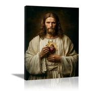 DMZPKZB Jesus Christ Wall Art Jesus and the Sacred Heart Vintage Painting Wall Art, Religious home decor for Living Room Bedroom Office Church(white)-80x120cm Framed