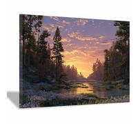 DMZPKZB Nature Landscape Pictures Stream facing the sun Canvas Prints Wall Decor,Painting Artwork for Bedroom,Living Room,Corridor,church,Home Decoration(golden105)-60x90cm Framed
