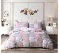 DN COLLECTION Luxury Microfibre Duvet Cover Set With Fitted Sheet And Pillowcase Antiallergic Breathable Quilt Cover Set Fade,Shrink And Wrinkle Resistant (Floral Grey, Double)