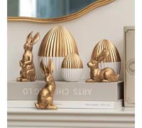 DN DECONATION 6PCS Easter Decorations with 3 Rabbits and 3 Gold Easter Eggs, Small Easter Bunny Figurines, Spring Table Centerpiece Decor Rabbit Statues, Indoor Bunny Decor, Vintage Easter Home Decor