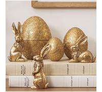 DN DECONATION 6PCS Easter Decorations with 3 Rabbits and 3 Nesting Easter Eggs, Small Gold Easter Bunny Figurines Decor, Spring Tabletop Decor Egg Statues, Vintage Decor Flowers Embossed
