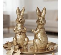 DN DECONATION Easter Decorations Bunny Figurines Set of 2 - Gold Rabbit Statues Farmhouse Spring Vintage Home Decor, Resin Easter Tabletop Antique Decor for Shelf, Mantel, Coffee Table