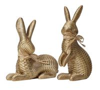 DN DECONATION Easter Decorations Bunny Figurines Set, Rattan Effect Resin Gold Bunnies Standing & Lying with Bow, Farmhouse Spring Tabletop Decor for Mantel Shelf Office Home Gift