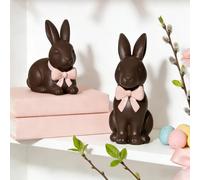 DN DECONATION Easter Decorations Bunny Figurines Set with Pink Bow, Rabbit Statues for Cute Brown Easter Spring Decor & Farmhouse Home Decor, Resin Tabletop Sculptures for Shelf Mantel Coffee Table