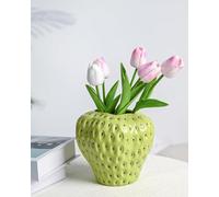 DN DECONATION Green Strawberry Vase, Ceramic Strawberry Vases for Lego Flowers, Decorative Cute Vases Cool Vase for Strawberry Party Home Decor