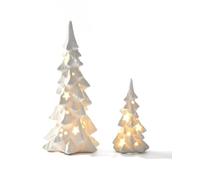 DN DECONATION White Ceramic Christmas Tree Clearance That Light Up, 2Pcs Porcelain Christmas Tree with Lights, Stars and Dots Cutouts Prelit Tabletop Xmas Tree Figurines, Modern Christmas Decor, Gift