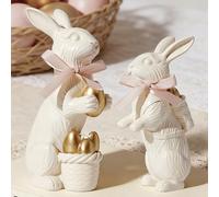 DN DECONATION White Easter Bunny Figures Set of 2, Resin Rabbit Statues with Gold Eggs & Egg Basket & Pink Bow, Spring Decoration Home Centre, Indoor Easter Decoration & Gift for Friends Family