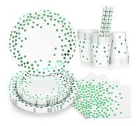 DN DENNOV 16 Guests White & Green Disposable Tableware Set with Plates, Napkins, Cups, Straws | Birthday, Wedding, Bridal Shower, Engagement, Christmas (White Green Dot Design)