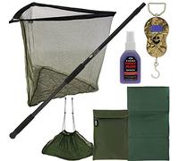 DNA Leisure 42'' Carp Fishing Net 2m Handle Screw Fix Unhooking Mat Weighing Sling & Scale LCD Fish Aid Spray Deluxe Case Bundle, Green