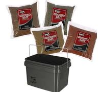 DNA Leisure Fishing Groundbait Carp & Coarse Bundle 4 x 500g Halibut, Tigernut, All Purpose & Carp Mix with Airtight 5L or 10L Bait Bucket, Feeder & Method Fishing Bait Kit (10L Bucket)