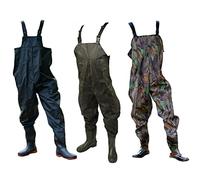 DNA Leisure New Green Camo or Black PVC Fly Carp Coarse Fishing Chest Waders with Elastic Quick Release Buckle Straps and Anti-Slip Moulded Boots/Wellies (EU Size: 42, UK Size 8, Green)
