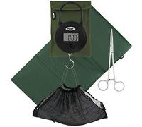 Quickfish Digital Carp Coarse 25kg Fishing Scales with Tare Function Soft Green Unhooking Mat with Fold Over Straps Soft Mesh Weighing Sling, 6" Stainless Steel Forceps & Green Down Carry Case