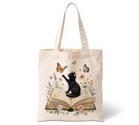 DNALWND Cute Black Cat Canvas Tote Bag, Reusable Literary Floral Shoulder Bag, Trendy Carryall for Daily Shopping Commute Library Travel Beach Gym