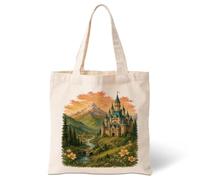 DNALWND Fantasy Castle Canvas Tote Bag, Reusable Romantic Sunset Mountain Shoulder Bag, Artistic Carryall for Daily Shopping Commute Library Travel