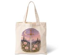 DNALWND Fantasy Sword Canvas Tote Bag, Reusable Magical Floral Illustration Shoulder Bag, Carryall for Daily Commute Shopping Library Travel Beach