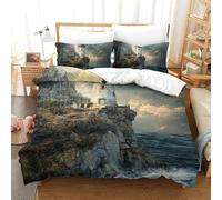 DNAVSOETR Seaside Watchtower 3D Printed Duvet Cover Microfibre Soft Quilt Covers Bedding Sets with Pillowcase Easy Care Comforter Cover Hidden Zipper for Kids Boys Girls Single（140x200cm）