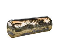 DNBCLEZK Africa Grassland Zebra Cylinder Leather Pencil Case, Multifunctional Full Print Cross Grain PVC Pen Pouch,Lightweight Portable Stationery Bag