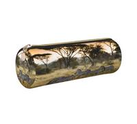 DNBCLEZK Africa Grassland Zebra Cylinder Leather Pencil Case, Multifunctional Full Print Cross Grain PVC Pen Pouch,Lightweight Portable Stationery Bag