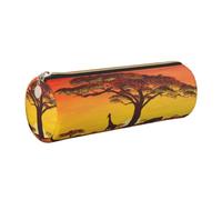 DNBCLEZK African Animal Sunset Cylinder Leather Pencil Case, Multifunctional Full Print Cross Grain PVC Pen Pouch,Lightweight Portable Stationery Bag