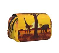 DNBCLEZK African Animal Sunset Flip Top Double Layer Pencil Case,Full Print Oxford-Cloth Stationery Pouch with Zipper and Sticky Flap,Large Capacity Pencil Bag