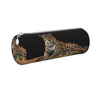 DNBCLEZK African Leopard On Rock Cylinder Leather Pencil Case, Multifunctional Full Print Cross Grain PVC Pen Pouch,Lightweight Portable Stationery Bag