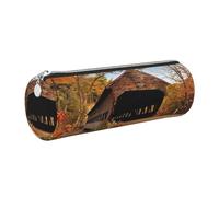 DNBCLEZK Albany Covered Bridge Cute Round Leather Pencil Case,Premium Smooth Zipper Durable Metal Puller,Full-Print Designer Stationery Organizer for School Office