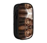 DNBCLEZK American West Rodeo Hat Double Layer Large Capacity Pencil Case,Print Polyester Oxford-Cloth Stationery Pouch with Multi Slots, Multi-Compartment Storage Bag