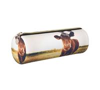 DNBCLEZK Animal Cow Cute Round Leather Pencil Case,Premium Smooth Zipper Durable Metal Puller,Full-Print Designer Stationery Organizer for School Office