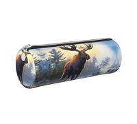 DNBCLEZK Animal Northern Deer Cute Round Leather Pencil Case,Premium Smooth Zipper Durable Metal Puller,Full-Print Designer Stationery Organizer for School Office